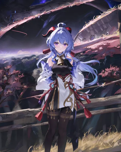 (masterpiece:1.5), illustration, 4k, 8k, (high quality:1.1), highly detailed, detailed face, HDR, vivid colors, natural lighting, pretty eyes, beautiful face, <lora:theovercomer8sContrastFix_sd15:0.7>, 

((standing in a (fantasy world) with (purple) trees)), purple grass and shrubbery, ((supermassive black hole in sky:1.4), accretion disk), stars in sky,

1girl, <lora:ganyuGenshinImpact_offset:0.7>, ganyu \(genshin impact\), ahoge, bangs, bare shoulders, bell, black gloves, black pantyhose, (blue hair), blush, breasts, chinese knot, detached sleeves,  flower knot, gloves, horns, long hair, medium breasts, neck bell, night, outdoors, pantyhose, purple eyes, sidelocks, solo, tassel, white sleeves,