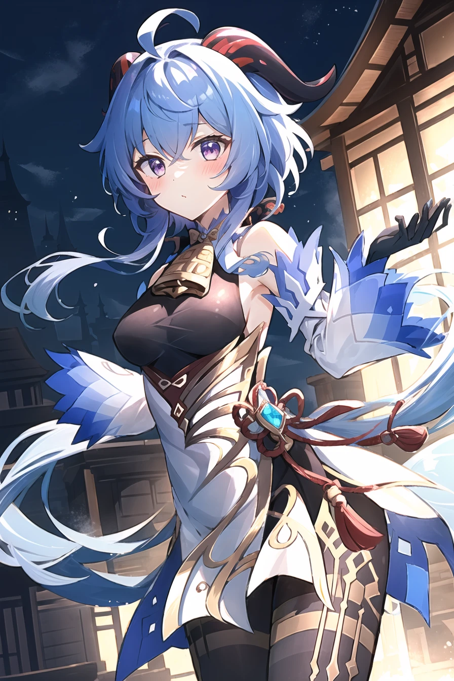 <lora:ganyu_ned2_offset:1>
ganyu \(genshin impact\), 1girl, ahoge, architecture, bangs, bare shoulders, bell, black gloves, black pantyhose, ((blue hair)), blush, breasts, chinese knot, detached sleeves, east asian architecture, flower knot, gloves, horns, long hair, looking at viewer, medium breasts, neck bell, night, outdoors, pantyhose, purple eyes, sidelocks, solo, tassel, white sleeves, ((masterpiece))