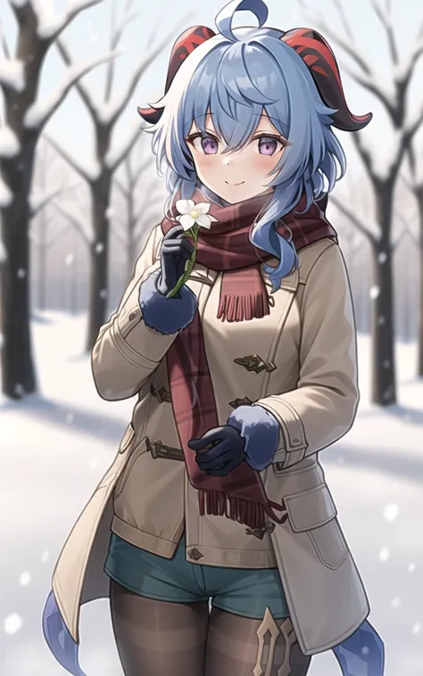 ((8K,masterpiece, best quality)),
1girl, ganyu (genshin impact), solo, long hair, flower, horns, blue hair, scarf, ahoge, gloves, smile, looking at viewer, holding, holding flower, bangs, qingxin flower, shorts, blush, pantyhose, red scarf, coat, winter clothes, outdoors, white flower, purple eyes, snow, alternate costume, long sleeves, winter, open clothes, black gloves, cowboy shot, closed mouth, black pantyhose, bare tree, sidelocks, fur trim, blue shorts, standing, tree, grey coat, tassel, sweater, hair between eyes, open coat, short shorts, snowing, very long hair, multicolored eyes, jacket,
<lora:ganyuGenshinImpact_offset:1>