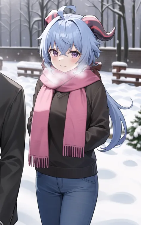 ((8K,masterpiece, best quality)),
Snow, scarf, pink sweater, smile, look into the camera, cold weather, character focus, blue baggy pants, outdoors, purple eyes, snow, snow,horns, long hair,blue hair
<lora:ganyuGenshinImpact_offset:1>