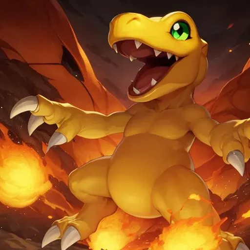 <lora:ANIME_Digimon_Agumon_AOM3_v10:0.5>, agumon a cartoon of a yellow dinosaur with green eyes and a big smile on its face, sharp, 25_LoraAgumon, digimon, claws, fangs, scales, scale texture, dragon breathing fire, detailed dragon eye with vertical pupil, 64K, f1.2, 800mm, UHD, dynamic lighting