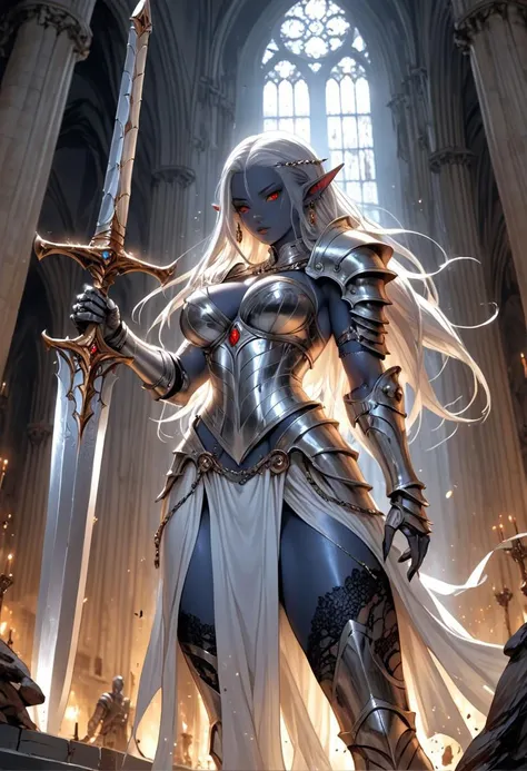 drow, female knockers cleavage, male focus, pointy ears, red eyes, armor, elf, white hair, shoulder armor, upper body, closed mouth, long hair, pauldrons, colored skin, looking at viewer
