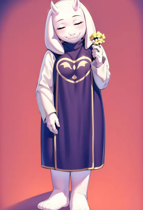 toriel, 1girl, barefoot, closed_eyes, flower, full_body, furry, furry_female, goat_ears, goat_girl, gradient, gradient_background, holding, holding_flower, horns, multicolored_background, pink_background, red_background, smile, solo, yellow_flower
 <lora:ChumpyChoo_Char_Toriel:0.8>
