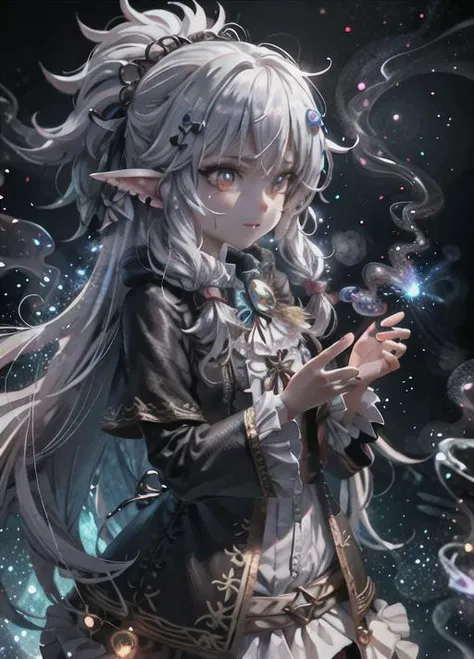 ((highest quality, super detailed woman:1.3)),(White hair,elfs ears,green eyes,shining eyes,small,small Rounded eyebrows ,long twin tail:1.2),(cowboy shot:1.2),(1 girl,Solo:1.3)