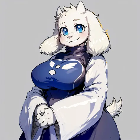 toriel, 1girl, :3, animal_ears, blue_eyes, breasts, closed_mouth, clothing_cutout, furry, furry_female, looking_at_viewer, simple_background, smile, solo, white_background, white_fur, white_hair
<lora:ChumpyChoo_Char_Toriel:0.8>