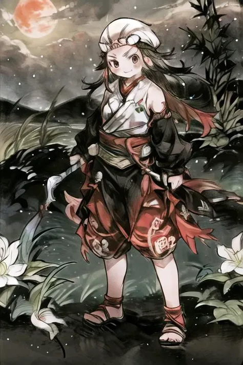 full body,looking at viewer,
standing,holding kunai,arm_behind_head,
outdoor,bamboo forest,full moon,
BREAK
(masterpiece:1.2, best quality),ultra-high-detailed,ultra-detailed,sense of strength,finely detailed iris,anime,staff,
BREAK
<lora:Kunoichi:0.6>,Kunoichi,brown hair,
BREAK
full face blush,strong smile,open mouth,
BREAK
moody lighting,skindentation,shiny skin,
BREAK
<lora:hyperdetailer_v095:0.3>,<lora:ZaoDaoV1:1>,