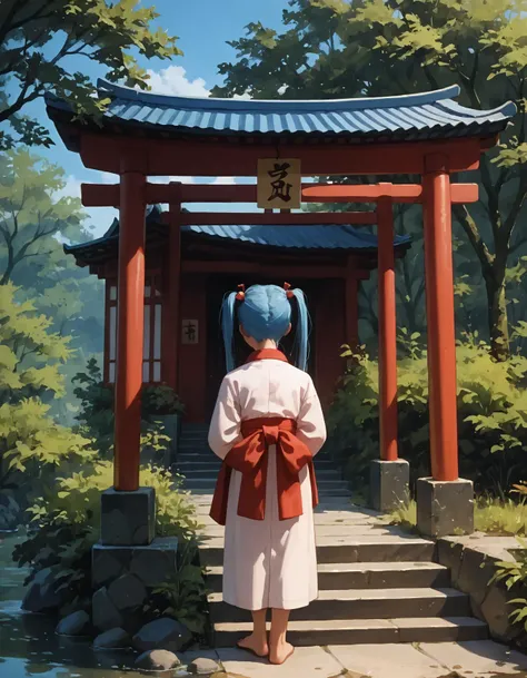 score_9, score_8_up, score_7_up, score_6_up, score_5_up, score_4_up, rating_safe, 1girl, sasami, blue hair, long pigtails, white skin, closeup, serene, top view, standing in a Shinto shrine