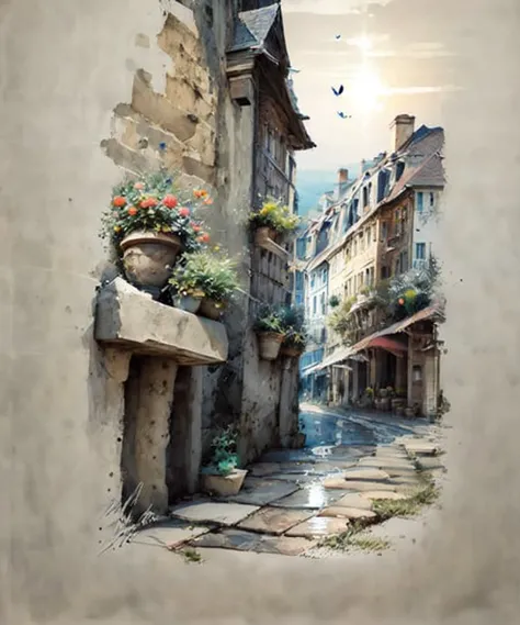 miaobishenghua  , [(white background:1.5)::5], 1 girl, mid shot, full body, butterflies, flowers,floating petal,stone fragment, beautiful detailed water,cloud,sun,dusk,sunset,beautiful detailed gate, <lora:miaobishenghua_v10:2>