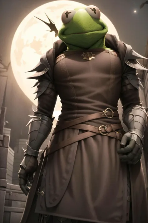 <lora:Kermit:0.7>, Kermit, solo, standing, medium shot, night, full moon, <lora:Dark_Knight:1>, DRK_Glam, dark armor, wearing DRK_Glam