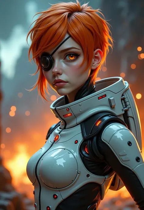 a close up of a woman's torso in a futuristic suit posing, cyberpunk art inspired by Marek Okon, trending in artstation, digital art, gynoid cyborg body, biomechanical oppai, cyberpunk oppai, girl with very short red hair, military haircut, with medium bangs, highly detailed green eyes, pink thick lips, freckles on face, angry expression, frowning, detailed eyelashes, light makeup, goddess of absolute beauty, in mecha cyber armor, beautiful white cyborg girl, in white futuristic armor, cyber suit, gynoid body, perfect cyborg woman, black background for wallaper