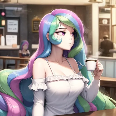 sitting princess_celestia wearing black puffy blouse, portrait, medium chest, sad expression, holding a cup of coffee, steam, bare shoulders, scene is cafe, interior, looking away, background out of focus, bokeh, magenta eyes, <lora:celestia-000008:1>, masterpiece, best quality