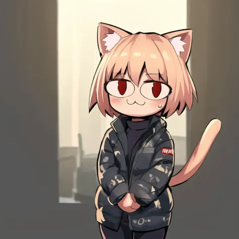 masterpiece, highres, best quality, ultra-detailed, perfect lighting, dripjacket, own hands together, 1girl, looking at viewer, neco-arc, :3, cat ears, chibi, cat girl, cat tail, solo, slit pupils, standing, detailed background, <lora:attire_dripmeme-10:0.9> <lora:necoarcv003a:0.9>