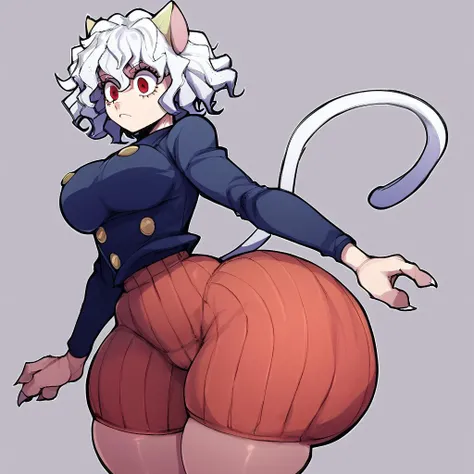 score_9, score_8_up, score_7_up, score_6_up, wide hips, huge ass, big ass, thick thighs, 1girl, solo, hourglass figure, huge breasts, small waist, neferpitou, short hair, red eyes, animal ears, tail, white hair, cat ears, cat tail, curly hair, long sleeves, shorts,, easynegative, @Whiplashaarts, BlackWhiplash, BlackWhiplash Style