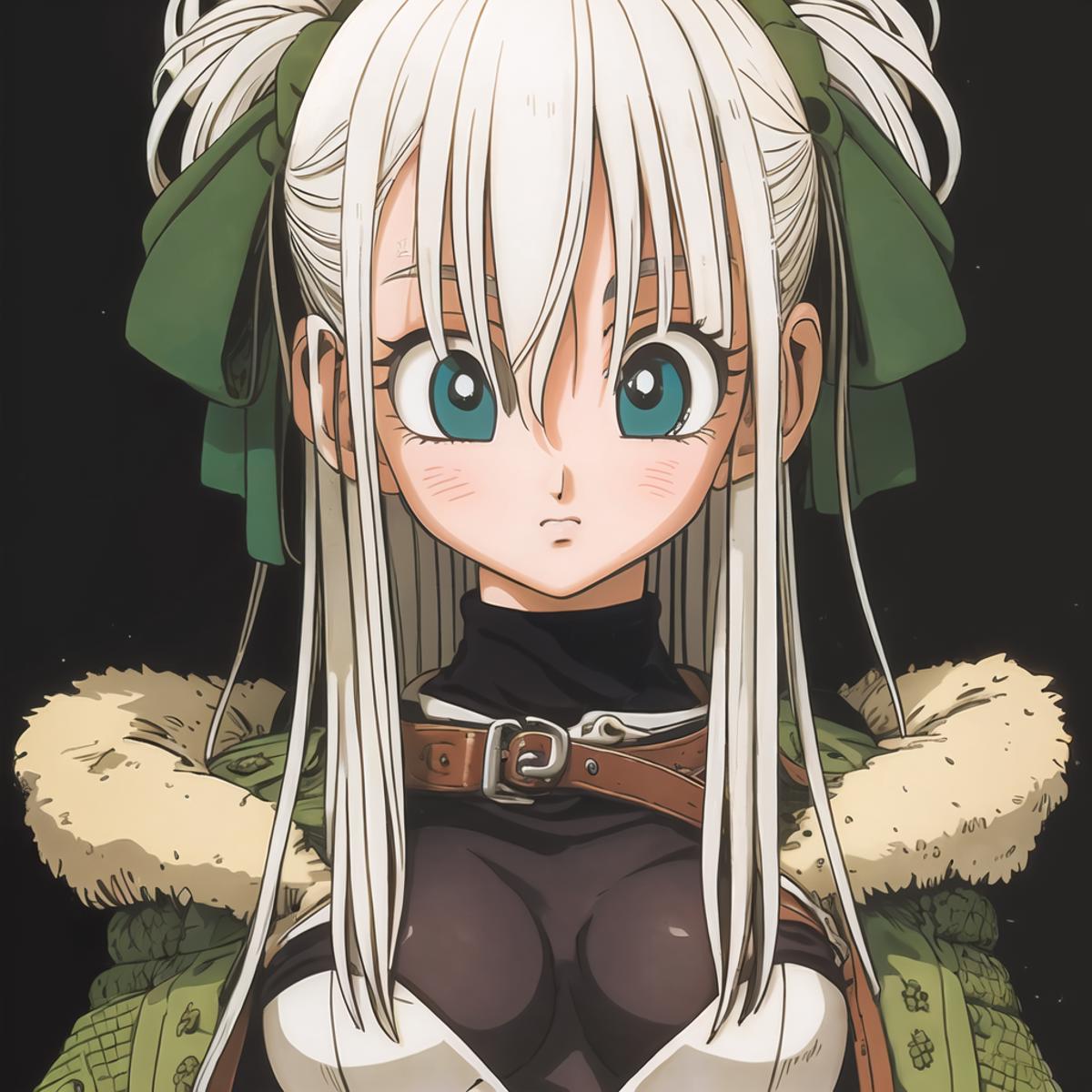 Anime girl with long white hair and green eyes wearing a green coat ...