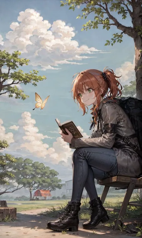 (illustration:1.0), masterpiece, best quality, 1girl, solo, camping, happy, smile, nature, trees, tent, camping_chair, camping, fire, roasting_marshmallows, drinking hot coffee, book, map, backpack, picnic_blanket, flowers, butterfly, sunny_day, , hiking_boots, denim_shorts, jacket,
(perspective:1.3), from below, (looking away:1.2), (from side:1.0),
long_hair, breasts, smile, bangs,( orange hair:1.1), hair_ornament, side_ponytail, swept_bangs, thick_eyebrows, hair_bobbles, skin_fang, closed mouth, green eyes