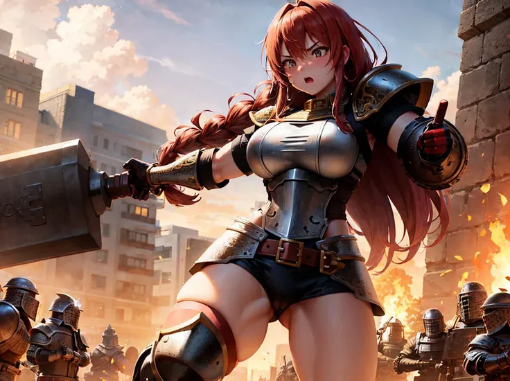 hires detailed, Heroic, battlefield, day, full shot, wielding a hammer, muscular build, dwarf, light skin, large breasts, brown eyes, red hair in braids, wearing heavy armor, determined expression, bright lighting.