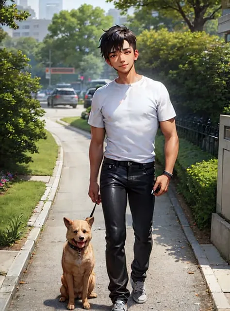 hires detailed, Content, park, day, medium shot, walking dog, average build, male, tan skin, hazel eyes, black hair styled in buzz cut, casual clothing, happy expression, natural lighting.