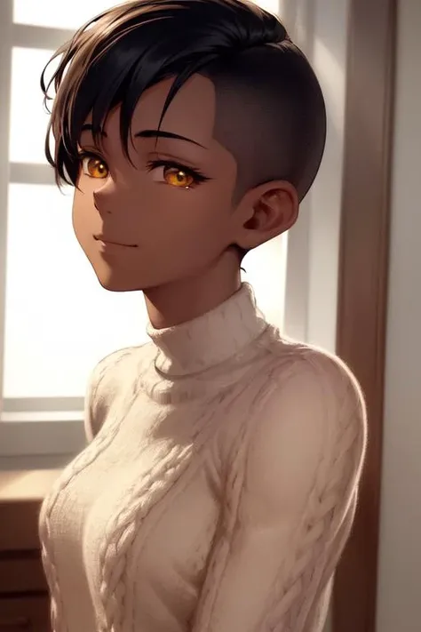 A close-up portrait of a muscular dark-skinned girl with very short undercut hair with (sides shaved:1.2), yellow eyes, wearing a white sweater, tomboy, digital art, small breasts, solo, masterpiece, homely atmosphere, inside a home, hyper-realistic details, inspired by anime, cinematic lighting, trending in ArtStation, (best quality), ((masterpiece)), (highres), extremely detailed CG, extremely detailed 8K wallpaper, extremely detailed character,(an extremely delicate and beautiful portrait), portrait, solo, sharp focus, dramatic angle, ((cinematic lighting)), light smile, closed mouth, beautiful detailed eyes