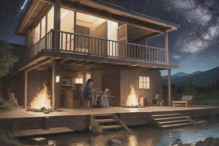 masterpiece, best quality, ultra-detailed, illustration, 1girl, solo, outdoors, camping, night, mountains, nature, stars, moon, bonfire, tent, twin ponytails, green eyes, cheerful, happy, backpack, sleeping bag, camping stove, water bottle, mountain boots, gloves, sweater, hat, flashlight, forest, rocks, river, wood, smoke, shadows, contrast, clear sky, constellations, Milky Way, peaceful, serene, quiet, tranquil, remote, secluded, adventurous, exploration, escape, independence, survival, resourcefulness, challenge, perseverance, stamina, endurance, observation, intuition, adaptability, creativity, imagination, artistry, inspiration, beauty, awe, wonder, gratitude, appreciation, relaxation, enjoyment, rejuvenation, mindfulness, awareness, connection, harmony, balance, texture, detail, realism, depth, perspective, composition, color, light, shadow, reflection, refraction, tone, contrast, foreground, middle ground, background, naturalistic, figurative, representational, impressionistic, expressionistic, abstract, innovative, experimental, unique