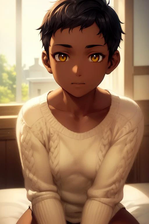 A close-up portrait of a muscular dark-skinned girl with very short undercut hair and yellow eyes, wearing a white sweater, tomboy, digital art, small breasts, solo, masterpiece, homely atmosphere, inside a home, hyper-realistic details, inspired by anime, cinematic lighting, trending in ArtStation