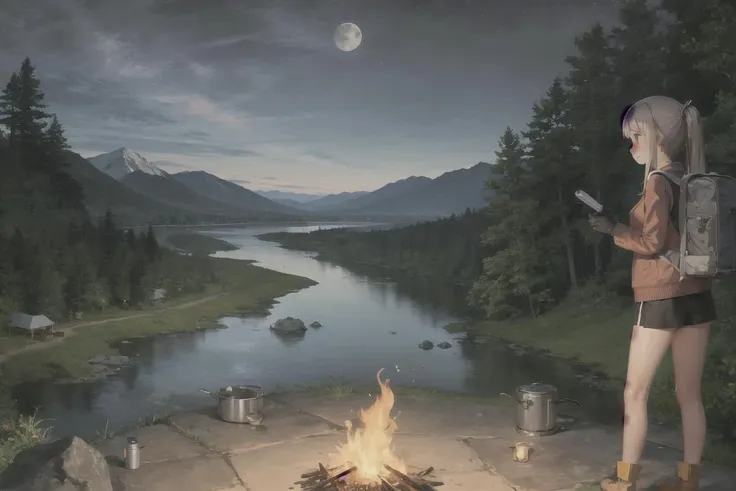 masterpiece, best quality, ultra-detailed, illustration, 1girl, solo, outdoors, camping, night, mountains, nature, stars, moon, bonfire, tent, twin ponytails, green eyes, cheerful, happy, backpack, sleeping bag, camping stove, water bottle, mountain boots, gloves, sweater, hat, flashlight, forest, rocks, river, wood, smoke, shadows, contrast, clear sky, constellations, Milky Way, peaceful, serene, quiet, tranquil, remote, secluded, adventurous, exploration, escape, independence, survival, resourcefulness, challenge, perseverance, stamina, endurance, observation, intuition, adaptability, creativity, imagination, artistry, inspiration, beauty, awe, wonder, gratitude, appreciation, relaxation, enjoyment, rejuvenation, mindfulness, awareness, connection, harmony, balance, texture, detail, realism, depth, perspective, composition, color, light, shadow, reflection, refraction, tone, contrast, foreground, middle ground, background, naturalistic, figurative, representational, impressionistic, expressionistic, abstract, innovative, experimental, unique