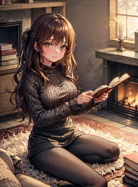 hires detailed, Warm and relaxed, a living room with a fireplace, night, low angle, reading a book, medium build, auburn-haired girl, fair skin, medium breasts, green eyes, wavy hair down, oversized sweater and leggings, peaceful, warm lighting.