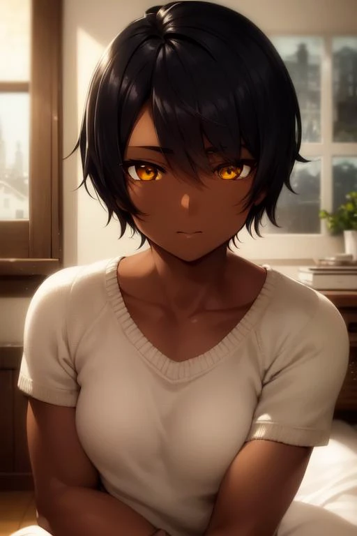 A close-up portrait of a muscular dark-skinned girl with very short undercut hair and yellow eyes, wearing a white sweater, tomboy, digital art, small breasts, solo, masterpiece, homely atmosphere, inside a home, hyper-realistic details, inspired by anime, cinematic lighting, trending in ArtStation