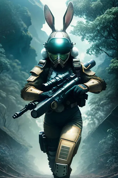 Highly detailed, best quality, masterpiece, photorealistic, Award-winning photograph, Hip level shot, of (fit female soldier, (rabbit woman:1.2), wearing high-tech Exo suit, helmet), 1girl, running through the jungle, (lush vegetation), (mountains:1.1), (god rays:0.4), dense alien jungle, toned body, (muscular:1.1), (nixeu_white:0.7), (nixeu_extra:0.7), detailed background, (highly detailed, hyperdetailed, intricate), (lens flare:0.4), (bloom:0.5), particle effects, cinematic lighting, (soft lighting:0.6), prominent projected shadows, deep depth of field, (8k DSLR Canon RAW photo), (film grain:0.5), lens distortion, (chromatic aberration), <hypernet:sxzBloom:1>