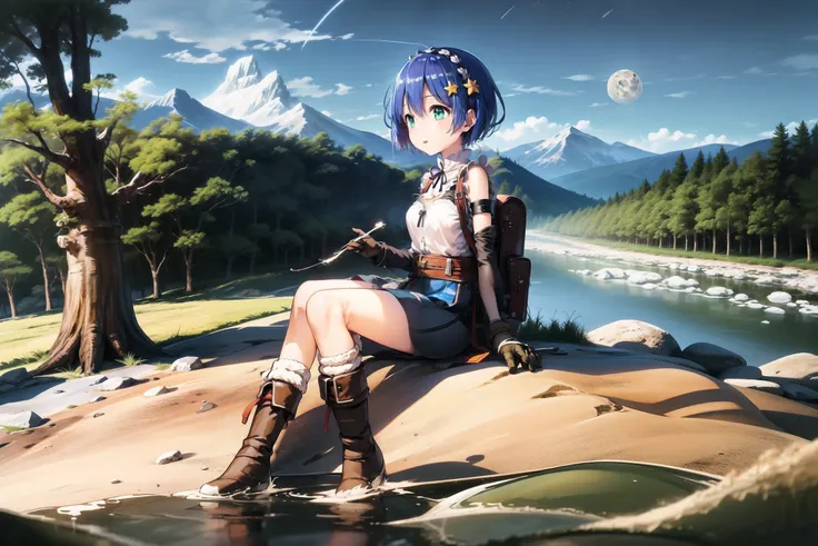 masterpiece, best quality, ultra-detailed, illustration, 1girl, solo, outdoors, camping, night, mountains, nature, stars, moon, bonfire, tent, twin ponytails, green eyes, cheerful, happy, backpack, sleeping bag, camping stove, water bottle, mountain boots, gloves, sweater, hat, flashlight, forest, rocks, river, wood, smoke, shadows, contrast, clear sky, constellations, Milky Way, peaceful, serene, quiet, tranquil, remote, secluded, adventurous, exploration, escape, independence, survival, resourcefulness, challenge, perseverance, stamina, endurance, observation, intuition, adaptability, creativity, imagination, artistry, inspiration, beauty, awe, wonder, gratitude, appreciation, relaxation, enjoyment, rejuvenation, mindfulness, awareness, connection, harmony, balance, texture, detail, realism, depth, perspective, composition, color, light, shadow, reflection, refraction, tone, contrast, foreground, middle ground, background, naturalistic, figurative, representational, impressionistic, expressionistic, abstract, innovative, experimental, unique, <lora:remReZero_v10:0.7>