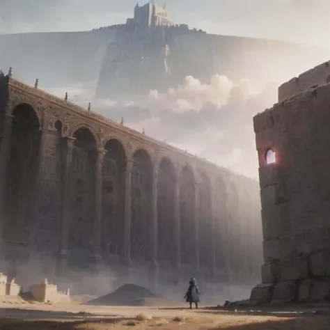 masterpiece, illustration, ((massive giant military babel fortress made of carving stone standing on desert land far away)), (babel tower), pale blue sky, sunlight, fog, shadow, dark grass with stone, uninhabitable, barren land, nature, (mountains), unsaturated, (young girl wearing dark blue coat walking towards the castle standing far away), medium length red hair, soviet union