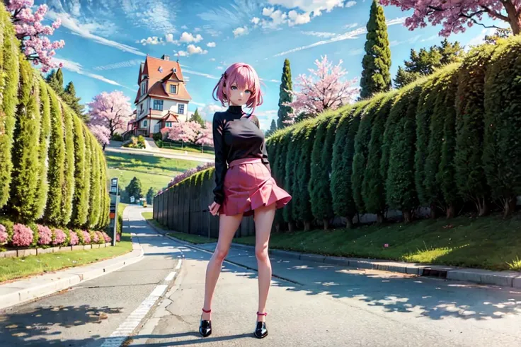 masterpiece, best quality, ultra-detailed, illustration, wide angle, 1girl stand in the middle of road, solo, road in the middle and pink cherry trees on roadside, full body, 20 yo, pink hair, sweater, short skirt, fashion,
composition, balance, harmony, rhythm, color, light, shadow, reflection, refraction, tone, contrast, foreground, middle ground, background, naturalistic, figurative, representational.