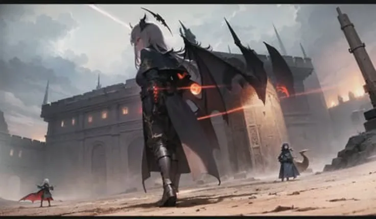 masterpiece, illustration, ((massive giant military babel fortress made of carving stone standing on desert land far away)), (babel tower), pale blue sky, sunlight, fog, shadow, dark grass with stone, uninhabitable, barren land, nature, ((war)) (mountains), unsaturated, (young girl wearing dark blue coat fighting), medium length red hair, soviet union, (dark dragon with glowing red eyes flying on the sky above the fortress), moscow, glowing dark red swords and knives,