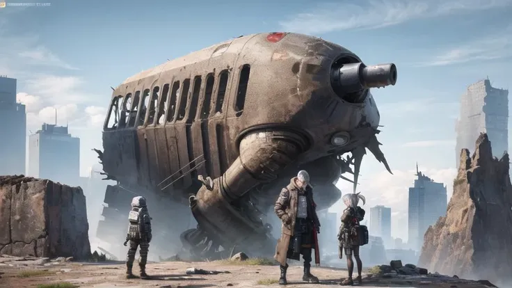 ((masterpiece)), (best quality), (ultra-detailed:1.5), (illustration), 1girl, solo, wolf ear, grey hair, short ponytail, (thin Urban Techwear coat), hood, (hood down), industrial style pants, open coat, torn clothes, military backpack, (drone), (tundra), gravel, cold, frigid zone, landscape, rough terrain, (huge Damaged cyberpunk building far away at horizon:1.3), post-apocalyptic, Futurism,