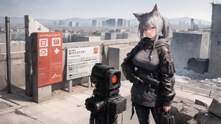 ((masterpiece)), (best quality), (ultra-detailed:1.5), (illustration), 1girl, solo, wolf ear, grey hair, short ponytail, (thin Urban Techwear coat), hood, (hood down), industrial style pants, open coat, torn clothes, military backpack, (drone), (tundra), gravel, cold, frigid zone, landscape, rough terrain, (huge Damaged cyberpunk building far away at horizon:1.3), post-apocalyptic, Futurism,
