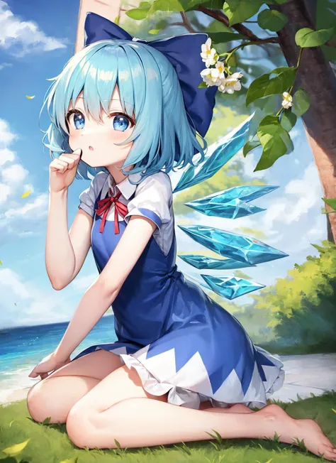 masterpiece,cirno, 1girl, ice, flower, wings, ice_wings, solo, bow, blue_hair, barefoot, blue_eyes, hair_bow, pink_flower, blue_bow, blue_dress, short_hair, short_sleeves,  looking_at_viewer, leaf, head_rest