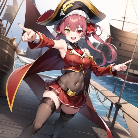 2d, masterpiece, best quality, anime, highly detailed, perfect lighting, highly detailed, detailed face, full body, detailed eyes, detailed background, 1girl, solo red hair, marine, houshou marine, hololive, virtual youtuber, red jacket, coat, bare shoulders, ((see-through, covered navel, bodystocking)), red skirt, thighhighs, heterochromia, red eye, yellow eye, hair ribbon, pirate hat, dynamic pose, pointing, ship, boat, smile, open mouth <lora:houshou marine:0.7>