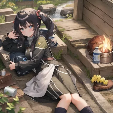 masterpiece, best quality, 1girl, solo, outdoors, camping, night, nature, bonfire, twin ponytails, green eyes, cheerful, happy, backpack, sleeping bag, camping stove, water bottle, mountain boots