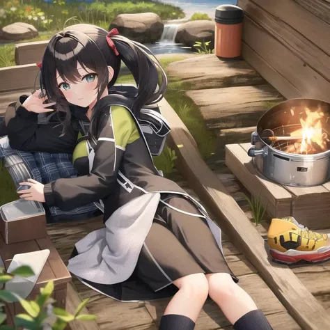 masterpiece, best quality, 1girl, solo, outdoors, camping, night, nature, bonfire, twin ponytails, green eyes, cheerful, happy, backpack, sleeping bag, camping stove, water bottle, mountain boots