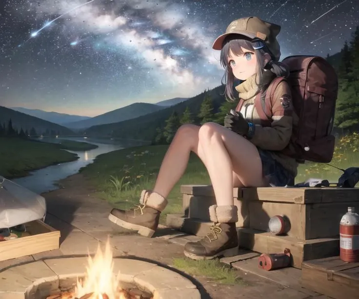 masterpiece, best quality, ultra-detailed, illustration, 1girl, solo, outdoors, camping, night, mountains, nature, stars, moon, bonfire, tent, twin ponytails, green eyes, cheerful, happy, backpack, sleeping bag, camping stove, water bottle, mountain boots, gloves, sweater, hat, flashlight, forest, rocks, river, wood, smoke, shadows, contrast, clear sky, constellations, Milky Way, peaceful, serene, quiet, tranquil, remote, secluded, adventurous, exploration, escape, independence, survival, resourcefulness, challenge, perseverance, stamina, endurance, observation, intuition, adaptability, creativity, imagination, artistry, inspiration, beauty, awe, wonder, gratitude, appreciation, relaxation, enjoyment, rejuvenation, mindfulness, awareness, connection, harmony, balance, texture, detail, realism, depth, perspective, composition, color, light, shadow, reflection, refraction, tone, contrast, foreground, middle ground, background, naturalistic, figurative, representational, impressionistic, expressionistic, abstract, innovative, experimental, unique