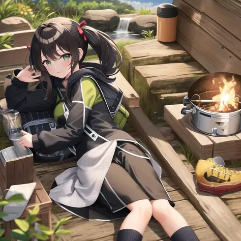 masterpiece, best quality, 1girl, solo, outdoors, camping, night, nature, bonfire, twin ponytails, green eyes, cheerful, happy, backpack, sleeping bag, camping stove, water bottle, mountain boots