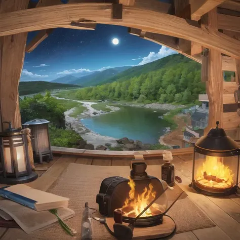 masterpiece, best quality, ultra-detailed, illustration, 1girl, solo, outdoors, camping, night, mountains, nature, stars, moon, bonfire, tent, twin ponytails, green eyes, cheerful, happy, backpack, sleeping bag, camping stove, water bottle, mountain boots, gloves, sweater, hat, flashlight, forest, rocks, river, wood, smoke, shadows, contrast, clear sky, constellations, Milky Way, peaceful, serene, quiet, tranquil, remote, secluded, adventurous, exploration, escape, independence, survival, resourcefulness, challenge, perseverance, stamina, endurance, observation, intuition, adaptability, creativity, imagination, artistry, inspiration, beauty, awe, wonder, gratitude, appreciation, relaxation, enjoyment, rejuvenation, mindfulness, awareness, connection, harmony, balance, texture, detail, realism, depth, perspective, composition, color, light, shadow, reflection, refraction, tone, contrast, foreground, middle ground, background, naturalistic, figurative, representational, impressionistic, expressionistic, abstract, innovative, experimental, unique