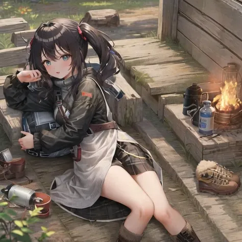 masterpiece, best quality, 1girl, solo, outdoors, camping, night, nature, bonfire, twin ponytails, green eyes, cheerful, happy, backpack, sleeping bag, camping stove, water bottle, mountain boots