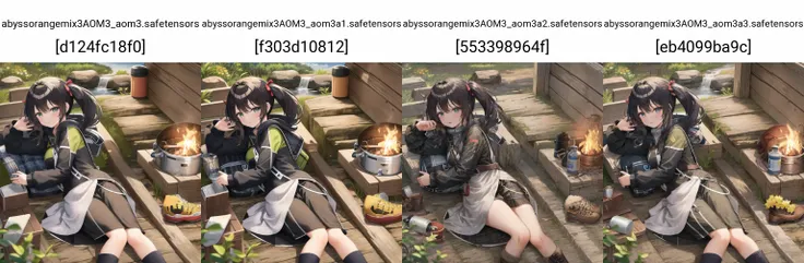 masterpiece, best quality, 1girl, solo, outdoors, camping, night, nature, bonfire, twin ponytails, green eyes, cheerful, happy, backpack, sleeping bag, camping stove, water bottle, mountain boots