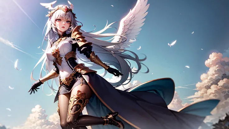 (masterpiece, best quality, extremely detailed CG, beautiful detailed eyes, ultra-detailed, intricate details:1.2), 1girl, large breasts, armored dress, long dress, angelic, {{{halo}}}, {{large angel wings}}, 2wings, full body, floating in air, flying, jumping, skybox, surrounded by clouds, clouds, outdoors, vast horizon, blue sky, ornate armor, light beams, centered, holy, bright, feathers, thigh-high tights, beautiful, goddess, frills, white hair, headpiece, radiant, glowing