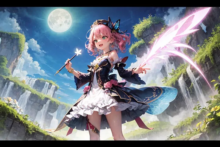 masterpiece, best quality, ultra-detailed, illustration, 1girl, solo, fantasy planet, dreamy scene, cute and beautiful girl, detailed, hair ornament, ribbon, hairband, earrings, necklace, bracelet, anklet, flower, pastel color, pink hair, curly hair, green eyes, happy expression, small bust, frilly dress, layered skirt, stockings, high heels, hat, magic wand, butterfly, stars, moon, clouds, floating island, waterfall, flowers, vines, trees, crystals, glowing orbs, shimmering dust, mist, fog, reflection, refraction, light beams, foreground, middle ground, background, naturalistic, figurative, representational, impressionistic, expressionistic, abstract, innovative, experimental, unique, pose: standing with one foot slightly raised, looking up at the sky with magic wand in hand, dress fluttering in the breeze