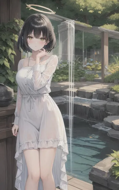 ((masterpiece:1.3)), best quality, ultra-detailed, ((illustration)), 1girl, solo, ((ru_qun, ruqun original_outfit, clear details)), daytime, cute, (((halo))), ((short hair, black hair)), ((yellow eyes)), angel wings, wings, comfortable, relaxed, confident, satisfied, emotionless, natural light, shadow, contrast, texture, detail, realism, impressionistic, expressionistic, innovative, experimental, unique, warmth, coziness, intimacy, personal space, privacy, relaxation, ease, contentment, pleasure, self-expression, individuality, fashion, style, aesthetics, beauty, sensuality, innocent, mature, (((milf))), vibrancy, joy, emotion, creativity, imagination, artistry, composition, balance, harmony, rhythm, color, light, shadow, reflection, refraction, tone, contrast, foreground, middle ground, background, naturalistic, figurative, representational