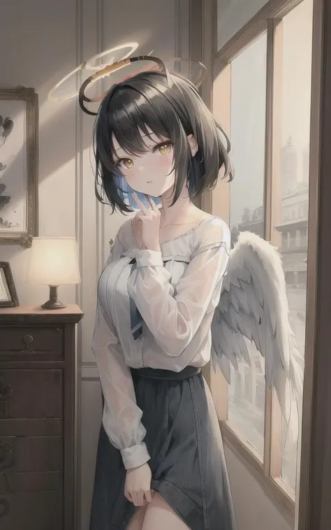 ((masterpiece:1.3)), best quality, ultra-detailed, ((illustration)), 1girl, solo, ((ru_qun, ruqun original_outfit, clear details)), daytime, cute, (((halo))), ((short hair, black hair)), ((yellow eyes)), angel wings, wings, comfortable, relaxed, confident, satisfied, emotionless, natural light, shadow, contrast, texture, detail, realism, impressionistic, expressionistic, innovative, experimental, unique, warmth, coziness, intimacy, personal space, privacy, relaxation, ease, contentment, pleasure, self-expression, individuality, fashion, style, aesthetics, beauty, sensuality, innocent, mature, (((milf))), vibrancy, joy, emotion, creativity, imagination, artistry, composition, balance, harmony, rhythm, color, light, shadow, reflection, refraction, tone, contrast, foreground, middle ground, background, naturalistic, figurative, representational