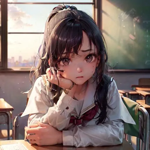 1girl, teen, med breast, looking at viewer, ponytail, earrings, curious, pretty eyes, black hair, long hair, messy hair, school uniform, illustration, masterpiece, ultra-detailed, shadow, reflection, creativity, artistic, realism, (wide:1.4), (full body:1.1), (portrait:1.3), (fine details, finely detailed eye, finely detailed face:1.4), (day, sky:1.3), (white board, school, class, table, chair, other classmate, windows:1.4), scenery, (realistic:1.2), (maximum resolution, maximum quality, high resolution, high quality:1.4), 8k wallpaper, synchronize object,