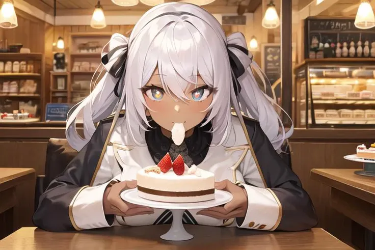 1girl, (masterpiece), ultra-detailed, best quality, best art, busty, (dark skin:1.4), ((eating cake)), shop background, cozy atmosphere, sweets shop scenery, looking at viewer, (beautiful detailed eyes, colored pupils, vertical slit eyes, symbolic eyes:1.2)