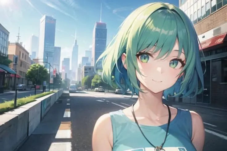 1girl, masterpiece, ultra-detailed, best quality, best art, ((cute fashion girl)), upper body, (cityscape, scenery:1.3), ((stylish)), colorful, vibrant, (undercut hair), detailed facial features, detailed background, sunny, suburbs, lens flare, mural, contemporary, whimsical, breeze, ((green | blue hair))